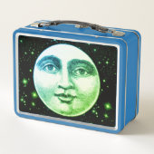 ヴィンテージ満月の男性顔ティール（緑がかった色）青の緑 メタルランチボックス (裏面)