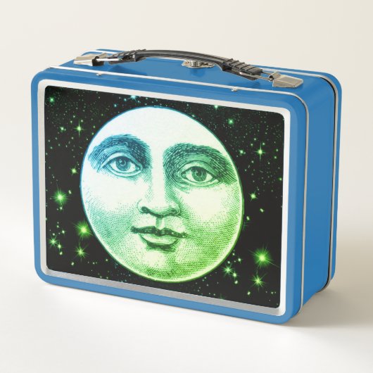 ヴィンテージ満月の男性顔ティール（緑がかった色）青の緑 メタルランチボックス (裏面)