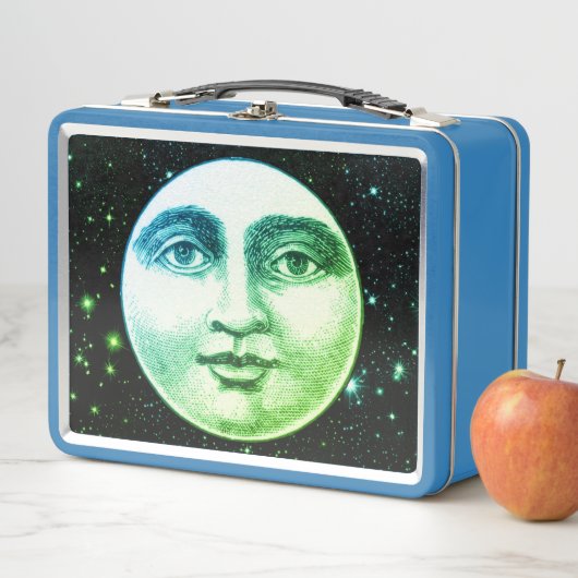 ヴィンテージ満月の男性顔ティール（緑がかった色）青の緑 メタルランチボックス (インサイチュ)