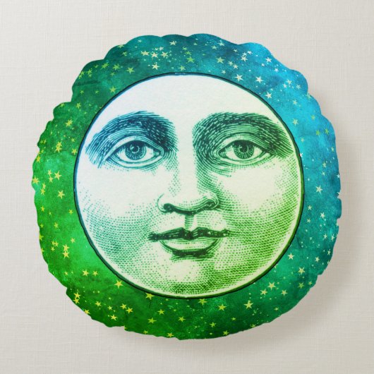 ヴィンテージ満月の男性顔ティール(緑がかった色)青の緑 ラウンドクッション (正面)