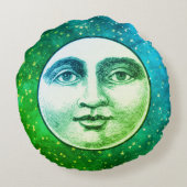 ヴィンテージ満月の男性顔ティール(緑がかった色)青の緑 ラウンドクッション (裏面)