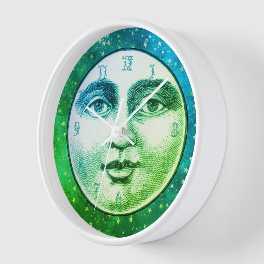 ヴィンテージ満月の男性顔ティール（緑がかった色）青の緑 壁時計 (傾斜)