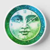 ヴィンテージ満月の男性顔ティール（緑がかった色）青の緑 壁時計 (正面)