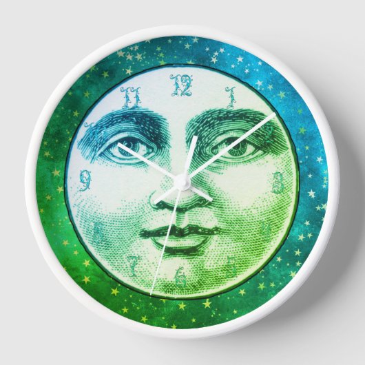 ヴィンテージ満月の男性顔ティール（緑がかった色）青の緑 壁時計 (正面)