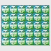 ヴィンテージ満月顔ティール(緑がかった色)ブルー星 ラッピングペーパー (フラット)