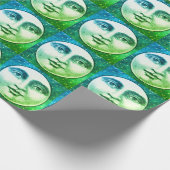 ヴィンテージ満月顔ティール(緑がかった色)ブルー星 ラッピングペーパー (角)