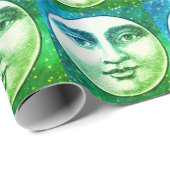 ヴィンテージ満月顔ティール(緑がかった色)ブルー星 ラッピングペーパー (ロールコーナー)