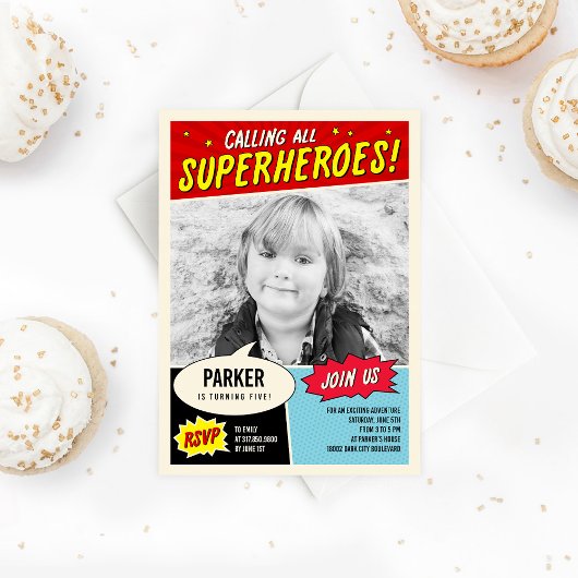 ヴィンテージ漫画スーパーヒーローバースデーパーティーの招待 招待状