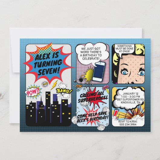 ヴィンテージ漫画ブックスーパーヒーロー誕生日招待状 招待状 (正面)