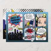 ヴィンテージ漫画ブックスーパーヒーロー誕生日招待状 招待状 (正面/裏面)