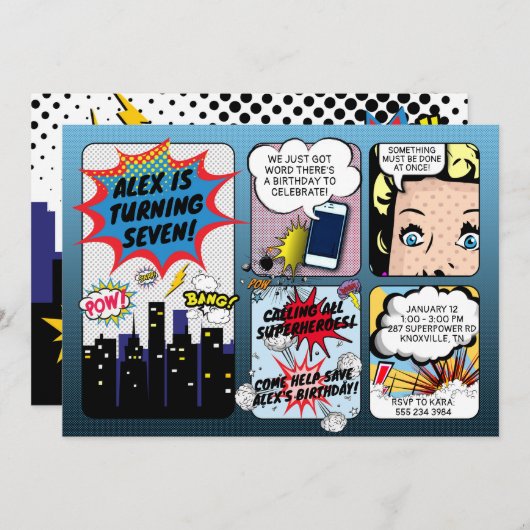 ヴィンテージ漫画ブックスーパーヒーロー誕生日招待状 招待状 (正面/裏面)