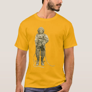 ヴィンテージ潜水灯付きヘルメットダイバー Tシャツ