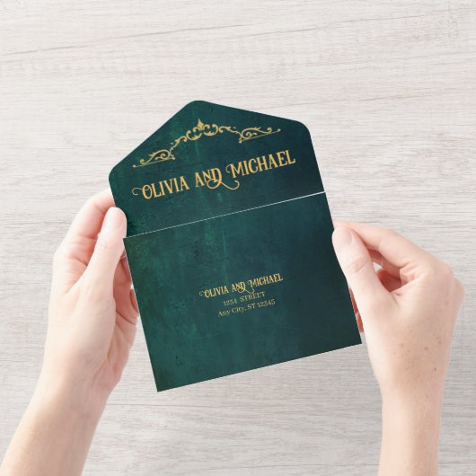 ヴィンテージ濃い緑 オールインワン招待状 (開いている状態)