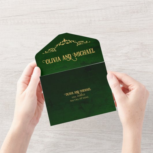 ヴィンテージ濃い緑 オールインワン招待状 (開いている状態)