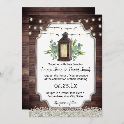 ヴィンテージ灯列ラ素朴イ結婚ト 招待状 (正面/裏面)