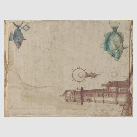 ヴィンテージ灯台と魚の切り離 薄葉紙 (正面)