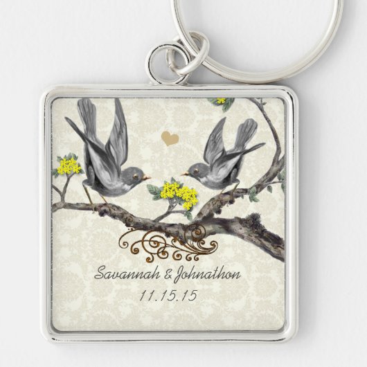 ヴィンテージ灰色の鳥の梅結婚の花のキーチェーン キーホルダー (正面)