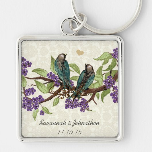 ヴィンテージ灰色の鳥の黄色結婚い花のキーチェーン キーホルダー (正面)