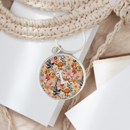 ヴィンテージ焼けオレンジフローラモノグラムキーチェーン キーホルダー