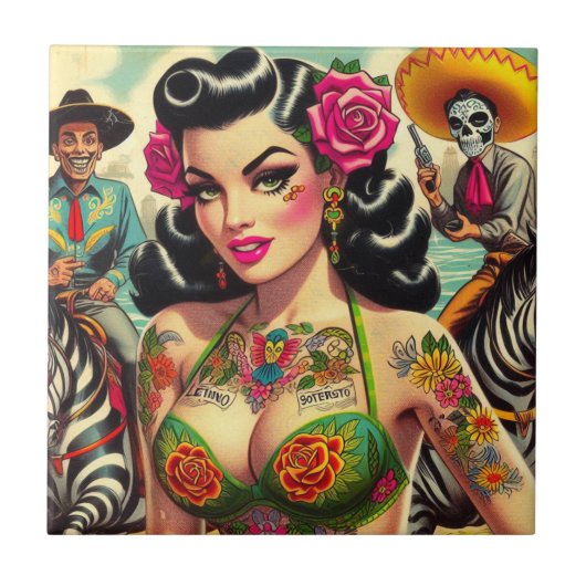 ヴィンテージ熱タトゥーガール タイル (正面)