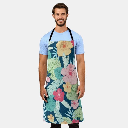 ヴィンテージ熱帯サマーハワイのシームレスパターン エプロン (着用した状態)