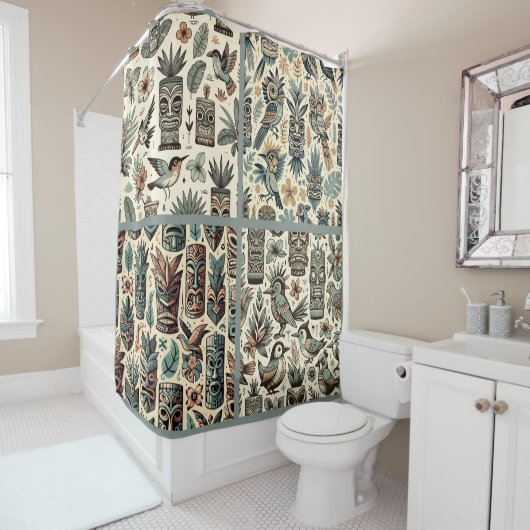 ヴィンテージ熱帯ティキマスクと鳥の灰色の緑 シャワーカーテン (インサイチュ)