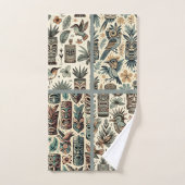ヴィンテージ熱帯ティキマスクと鳥の灰色の緑 バスタオルセット (ハンドタオル)