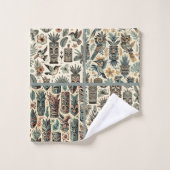 ヴィンテージ熱帯ティキマスクと鳥の灰色の緑 バスタオルセット (ウォッシュタオル)