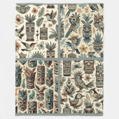 ヴィンテージ熱帯ティキマスクと鳥の灰色の緑 フリースブランケット (正面)