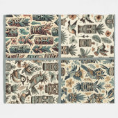 ヴィンテージ熱帯ティキマスクと鳥の灰色の緑 フリースブランケット (正面(横))