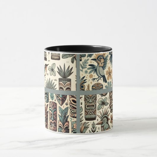 ヴィンテージ熱帯ティキマスクと鳥の灰色の緑 マグカップ (中央)