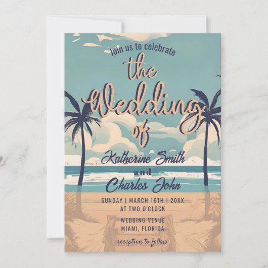 ヴィンテージ熱帯ビーチ目的地のウェディングフォト 招待状 (正面)