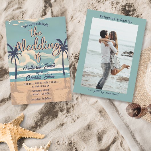 ヴィンテージ熱帯ビーチ目的地のウェディングフォト 招待状