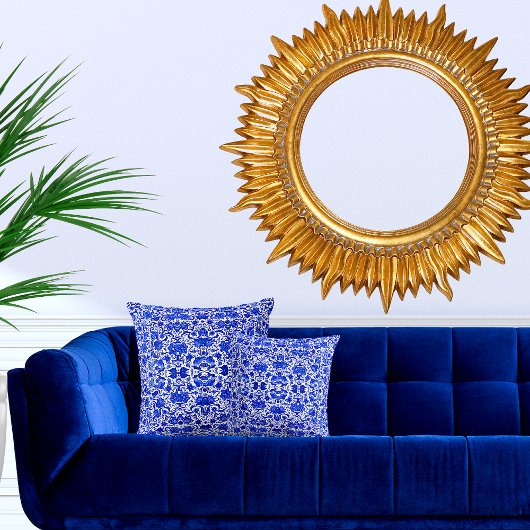 ヴィンテージ熱帯ブルーフォークアート枕 クッション