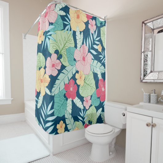 ヴィンテージ熱帯夏ハワイの継ぎ目のない模様  シャワーカーテン (インサイチュ)