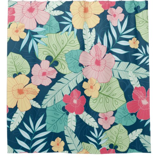 ヴィンテージ熱帯夏ハワイの継ぎ目のない模様  シャワーカーテン (正面)