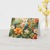 ヴィンテージ熱帯性花、植物とオウム カード (黄色い花)