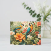 ヴィンテージ熱帯性花、植物とオウム ポストカード (スタンド正面)