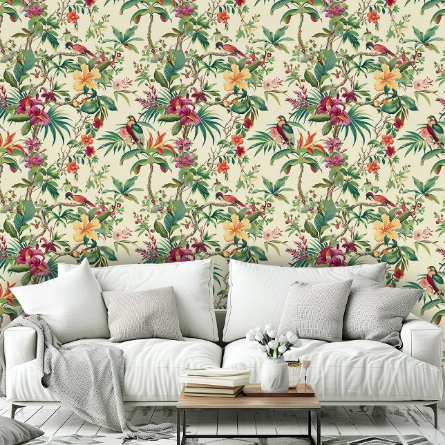 ヴィンテージ熱帯花鳥ピンク緑パターン 壁紙 (Vintage Tropical Flowers & Birds Beige Pink Green Wallpaper)