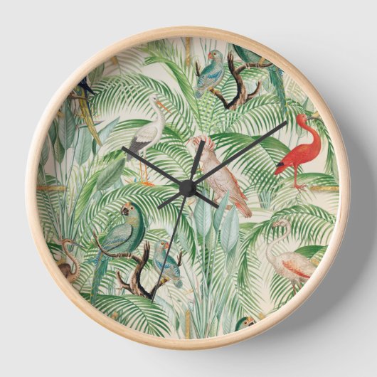 ヴィンテージ熱帯鳥とヤシ離れ類 壁時計 (正面)