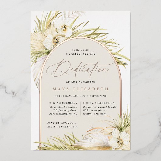 ヴィンテージ熱帯 |ベビー献身 箔招待状 (正面)