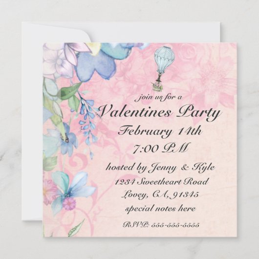 ヴィンテージ熱気球に乗るバレンタイン招待状 招待状 (正面)