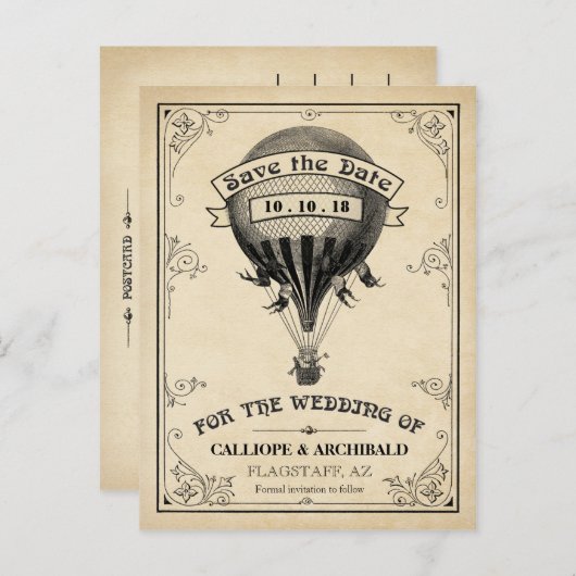 ヴィンテージ熱気球の結婚式の日付を保存 案内ポストカード (正面/裏面)