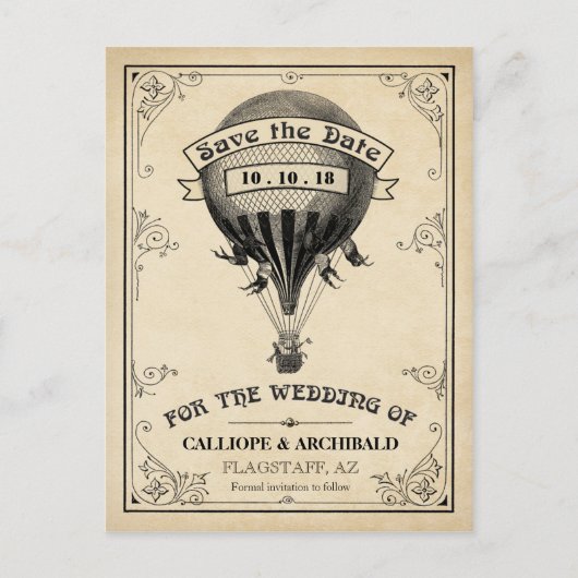 ヴィンテージ熱気球の結婚式の日付を保存 案内ポストカード (正面)