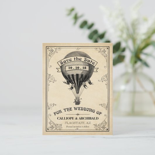 ヴィンテージ熱気球の結婚式の日付を保存 案内ポストカード (スタンド正面)