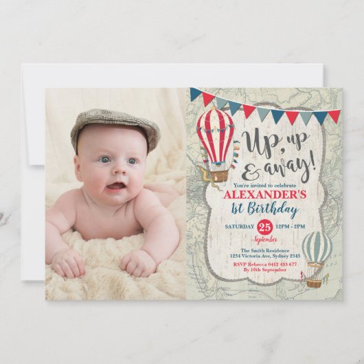 ヴィンテージ熱気球アップと男遠くにの子誕生日 招待状 (正面)