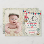 ヴィンテージ熱気球アップと男遠くにの子誕生日 招待状 (正面/裏面)