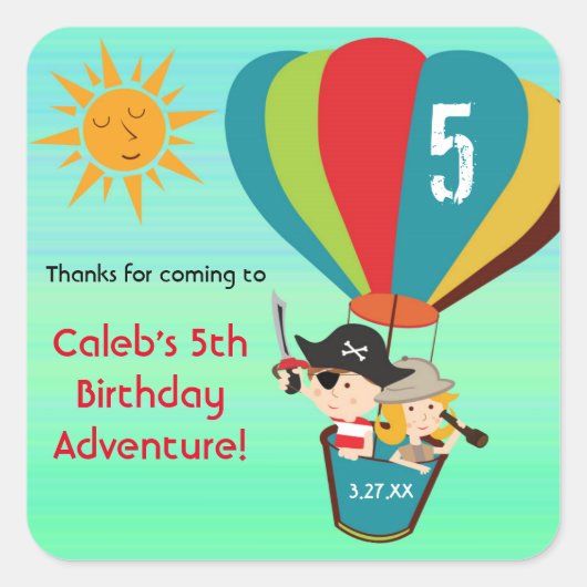 ヴィンテージ熱気球アドベンチャーバースデーパーティー スクエアシール (正面)