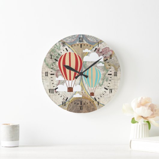 ヴィンテージ熱気球アンティークワールドマップ ラージ壁時計 (ホーム)