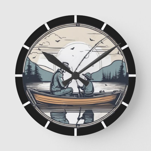 ヴィンテージ父と子供の魚釣り ラウンド壁時計 (正面)